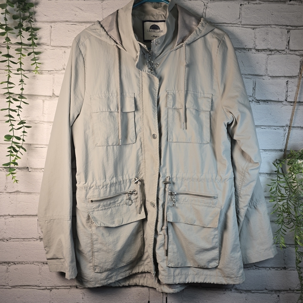 1 SUNSET LANE UTILITY CARGO COAT GRAY MULTIPLE POCKETS HOODED WOMENS LARGE
